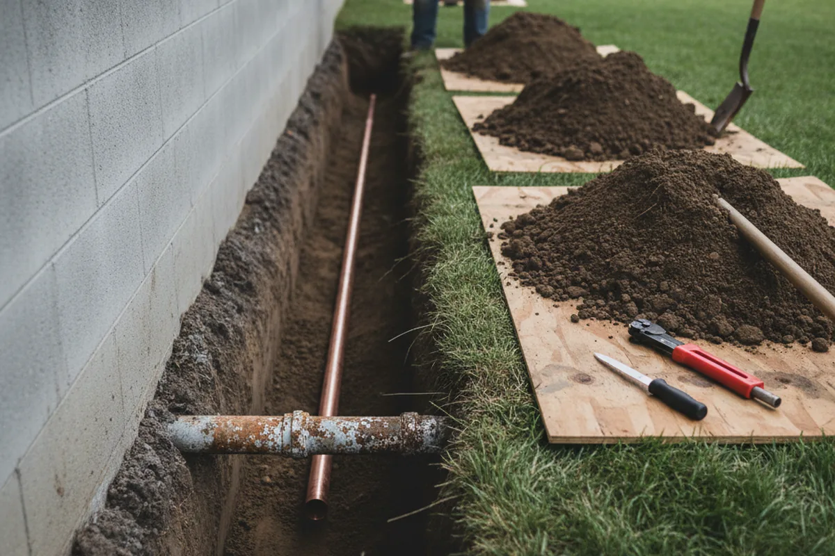 Excavated water line trench during Water Heater Repair in West Finley